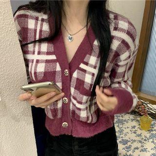 Plaid Cropped Cardigan Purple - One Size