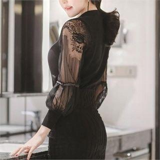 Crew-neck Lace-sleeve Knit Top