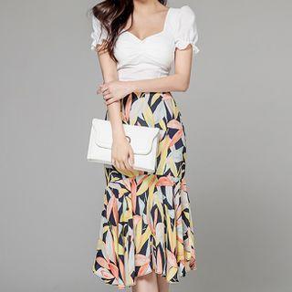 Set: Puff-sleeve Top + Pattered Ruffle Hem Midi Pencil Skirt