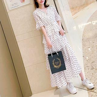 Dotted Elbow-sleeve Midi A-line Tiered Dress