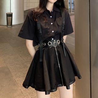 Short-sleeve Plain Shirt / High-waist Chain Accent Zipped Detail Skirt