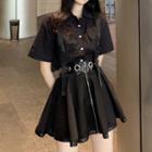 Short-sleeve Plain Shirt / High-waist Chain Accent Zipped Detail Skirt