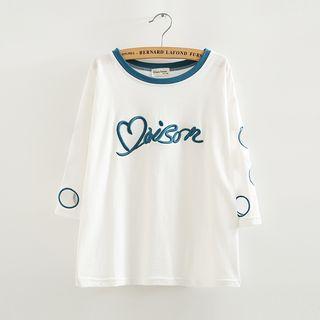 Lettering Embroidered Perforated Elbow-sleeve T-shirt