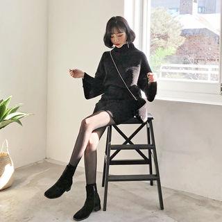 Set: Mock-neck Sweater + Knit Midi Skirt