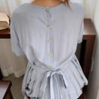 Button-back Linen Blend Long Dress Light Gray - One Size