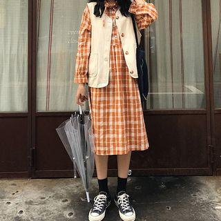 Long-sleeve Plaid A-line Midi Dress / Buttoned Vest