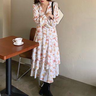 Plain Blazer / Flower Print Long-sleeve Midi Shift Dress