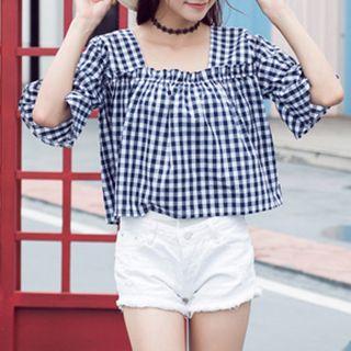 Gingham Bell-sleeve Blouse
