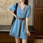 Puff-sleeve Denim Mini A-line Dress With Belt With Belt - Blue - One Size