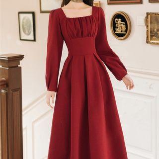 Square-neck Long-sleeve A-line Maxi Dress