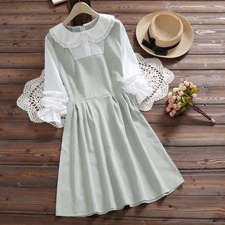 Mock Two-piece Long-sleeve Gingham Panel A-line Dress