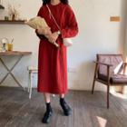 Long-sleeve Half Button Midi A-line Dress