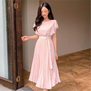 Ruffle-sleeve Pleated-hem Chiffon Dress