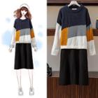 Color Block Sweater / Long-sleeve A-line Dress / Set