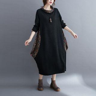 Leopard Print Panel Long-sleeve Midi Dress
