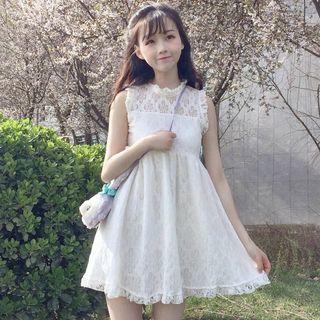 Sleeveless Frill Collar Mini Lace Dress White - One Size