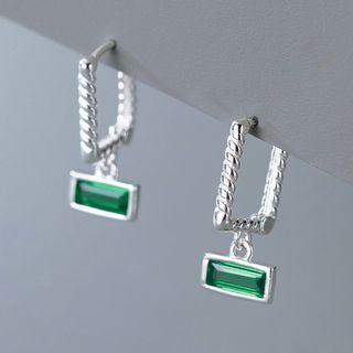 Rhinestone Rectangle Sterling Silver Dangle Earring 1 Pair - Silver & Green - One Size