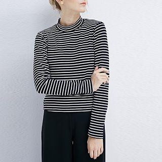 Long-sleeve Mock-neck Striped Top