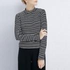 Long-sleeve Mock-neck Striped Top