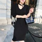 Elbow-sleeve Knit Midi Dress Black - One Size