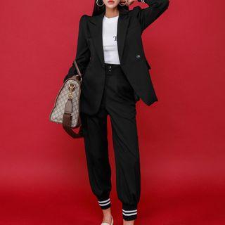 Set: Striped Trim Blazer + Harem Pants