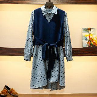 Set: Long-sleeve Midi Dotted A-line Dress + Vest