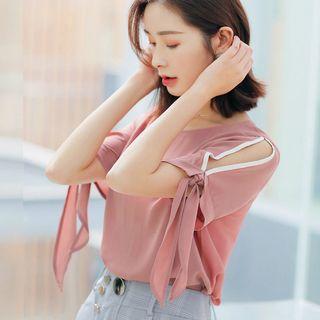 Bow Cutout Shoulder Short-sleeve Chiffon Top