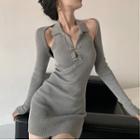 Set: Halter-neck Collared Frog-buttoned Knit Mini Sheath Dress + Shrug