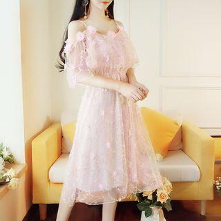 Elbow-sleeve Cold Shoulder Midi A-line Lace Dress