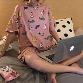 Cartoon Patterned Short-sleeve Round Neck T-shirt