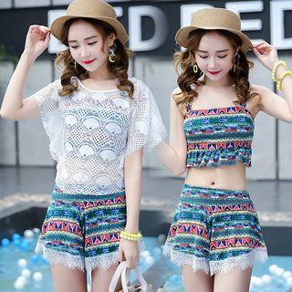 Set Of 3: Cover-up + Patterned Tankini Top + Swim Skirt / Swim Shorts