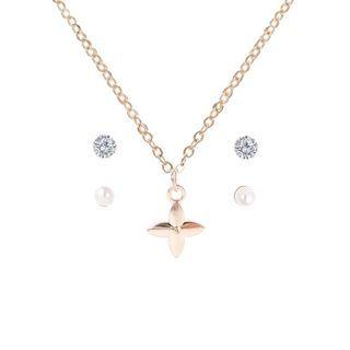 Set: Pendant Chain Necklace + Faux Pearl Stud Earrings + Rhinestone Stud Earrings Gold - One Size