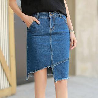 Fray Hem Asymmetric Hem Denim Skirt