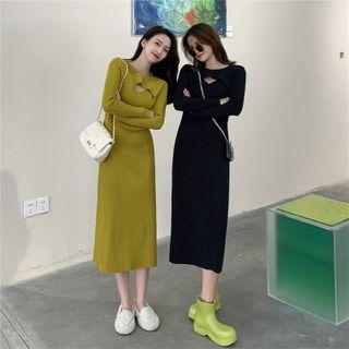 Long-sleeve Cutout Knit Midi A-line Dress