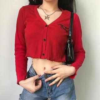 Long-sleeve Embroidered Button T-shirt