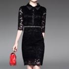 Collared Elbow Sleeve Lace Dress