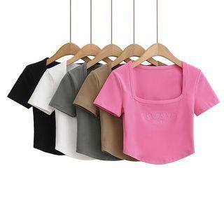 Square Neck Letter Embroidered Cropped T-shirt