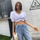 Puff-sleeve Banded-hem Cropped Top
