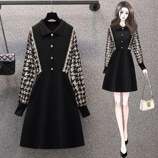 Puff-sleeve Houndstooth Polo-neck A-line Dress