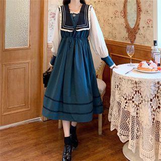 Long-sleeve Two Tone Midi A-line Dress Peacock Blue - One Size