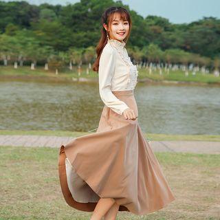 Stand Collar Flower Embroidered Long-sleeve Midi A-line Dress