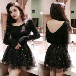 Long-sleeve Glitter Mini A-line Mesh Dress