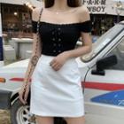 Off-shoulder Ribbed Lace-up Top
