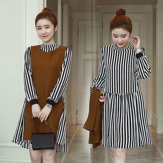 Set: Striped Long-sleeve Dress + Crew-neck Knit Long Vest
