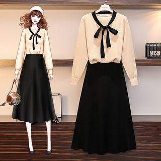 Set: Bow Accent Sweater + A-line Knit Skirt