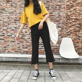 Striped Fray Hem Cropped Jeans