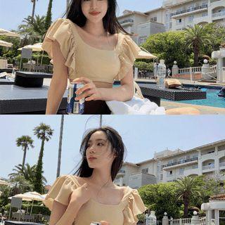 Flutter-sleeve Two-tone Tankini Set