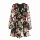 Balloon-sleeve Flower Print Romper