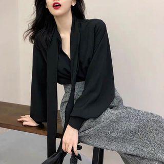 Set: Cutout Tie-neck Blouse + Melange Dress Pants