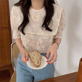 Sailor Collar Lace Embroidered Puff Short-sleeve Blouse Almond - One Size